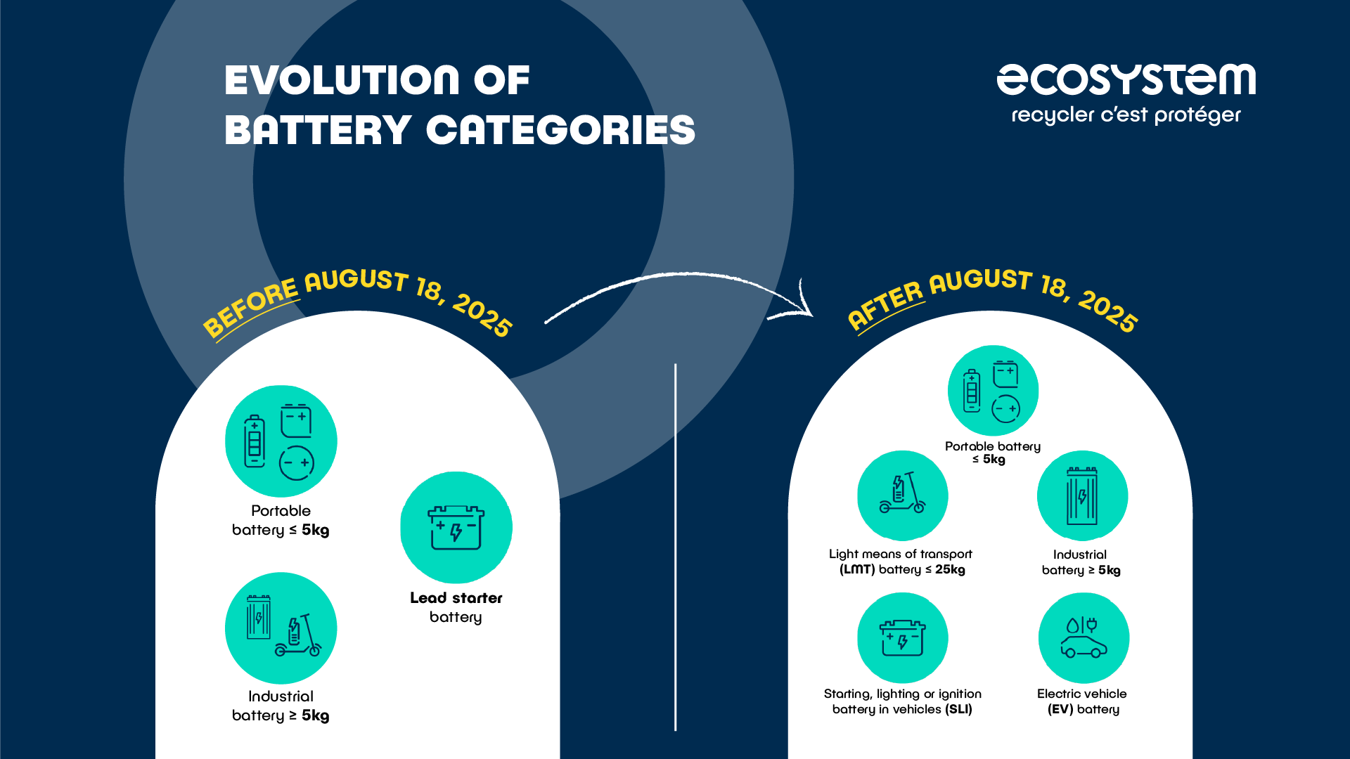 5 categories of batteries : portable batteries (< 5k), Starting, lighting or ignition batteries in vehicules, electric vehicule battery, light means of transport battery (<25kg) and other industrial batteries